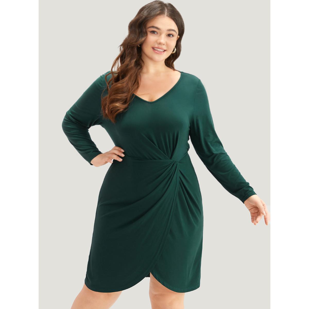 Plus Size Solid Wrap Twist Front V Neck Dress DarkGreen Women Casual Wrap V-neck Long Sleeve Curvy Knee Dress BloomChic 10/M Product Image