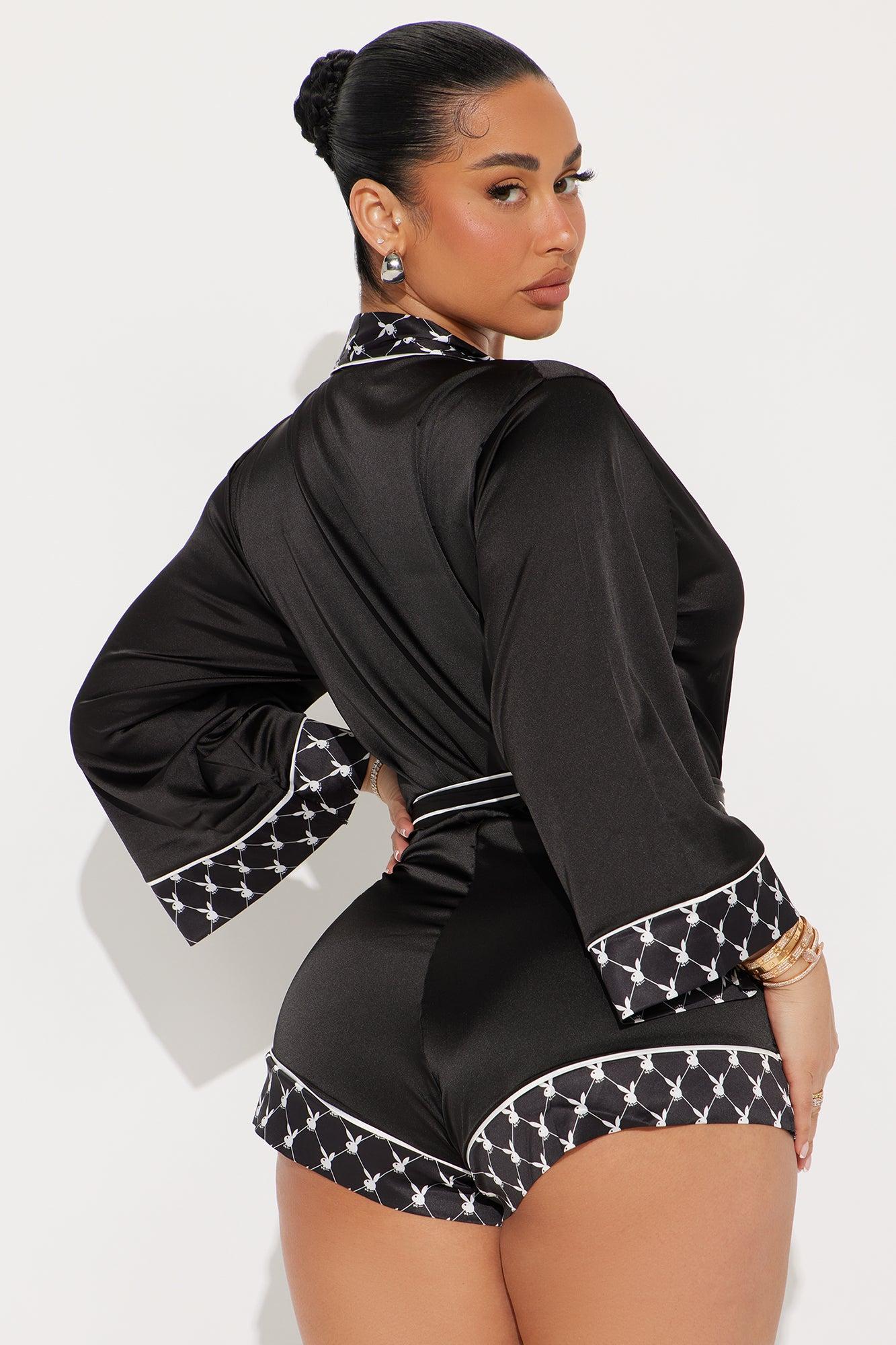 Playboy Stretch Satin Lace Tie Belt Romper - Black/White Product Image