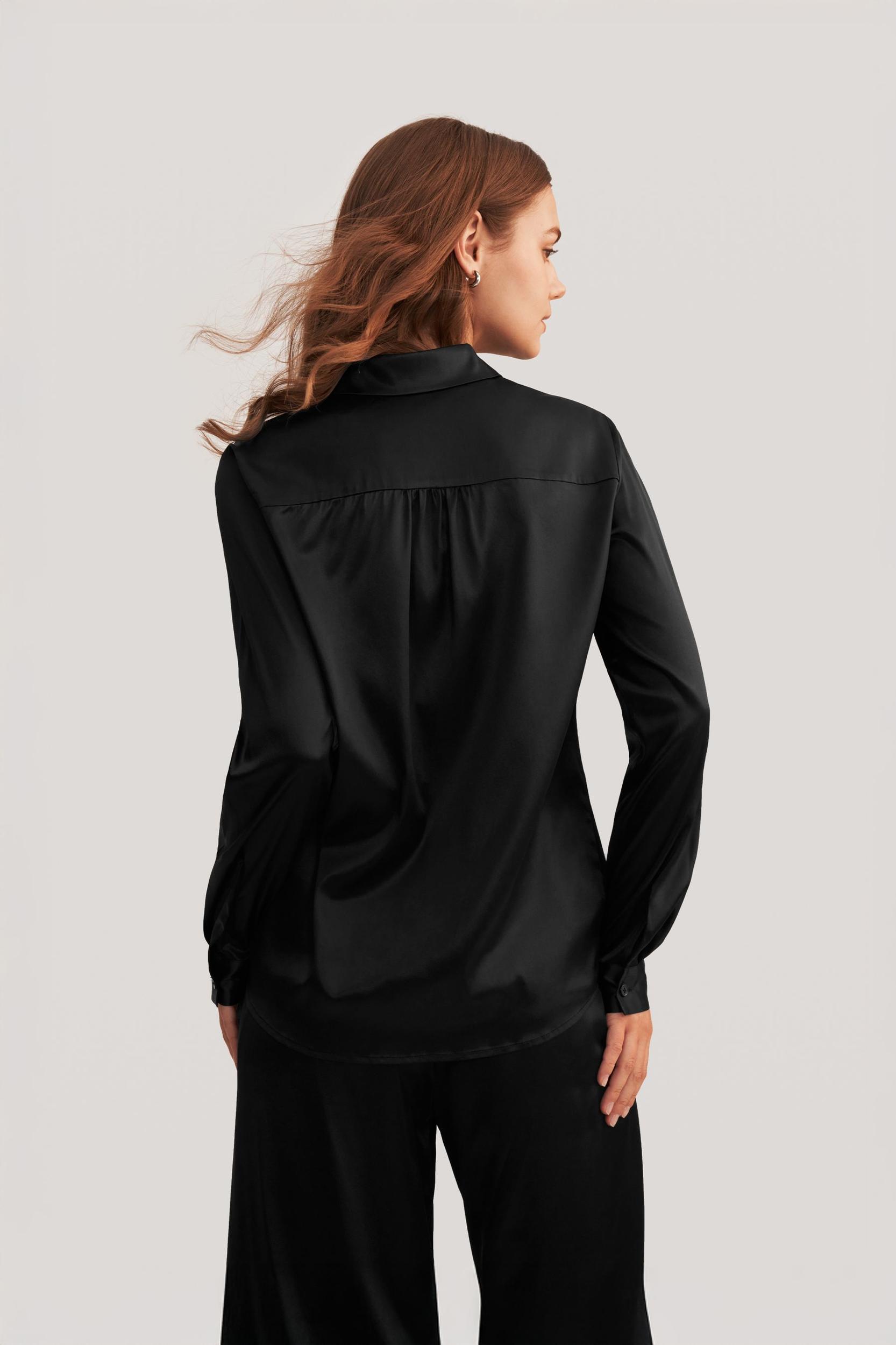 Long Sleeves Collared Silk Blouse Product Image