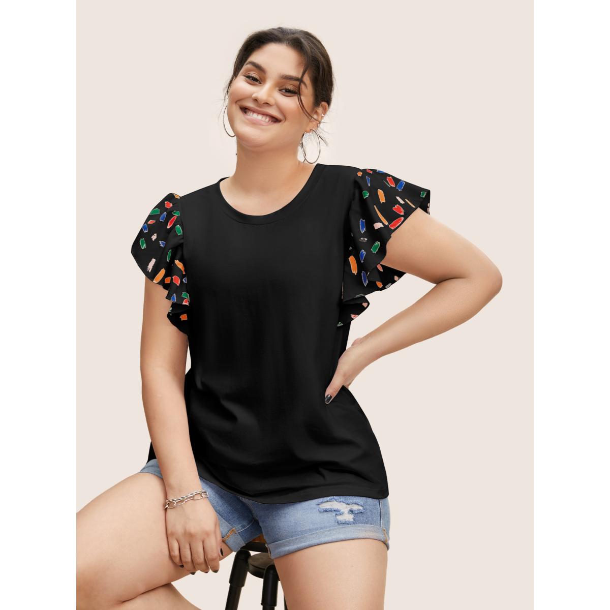 Plus Size Colored Brush Print Ruffle Cap Sleeve T-shirt Black Women Casual Contrast Round Neck Everyday T-shirts BloomChic 28/5X Product Image