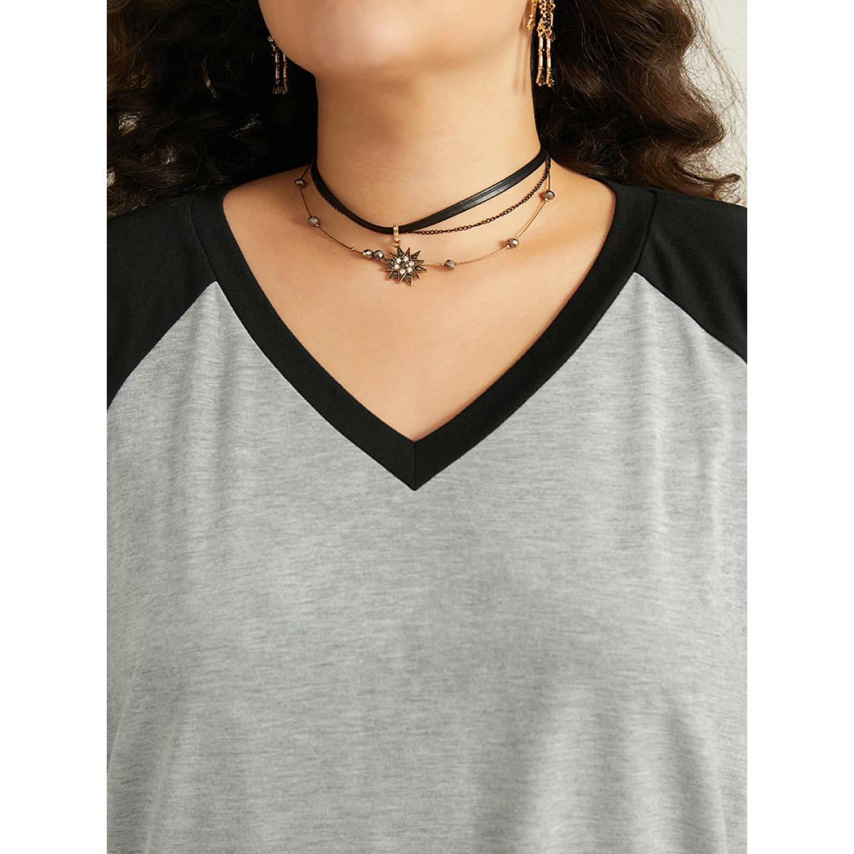 Plus Size Halloween Skull Cut Out Raglan Sleeve T-shirt Gray Women Casual Patchwork Graphic-Halloween V-neck Festival-Halloween T-shirts BloomChic 12/L Product Image