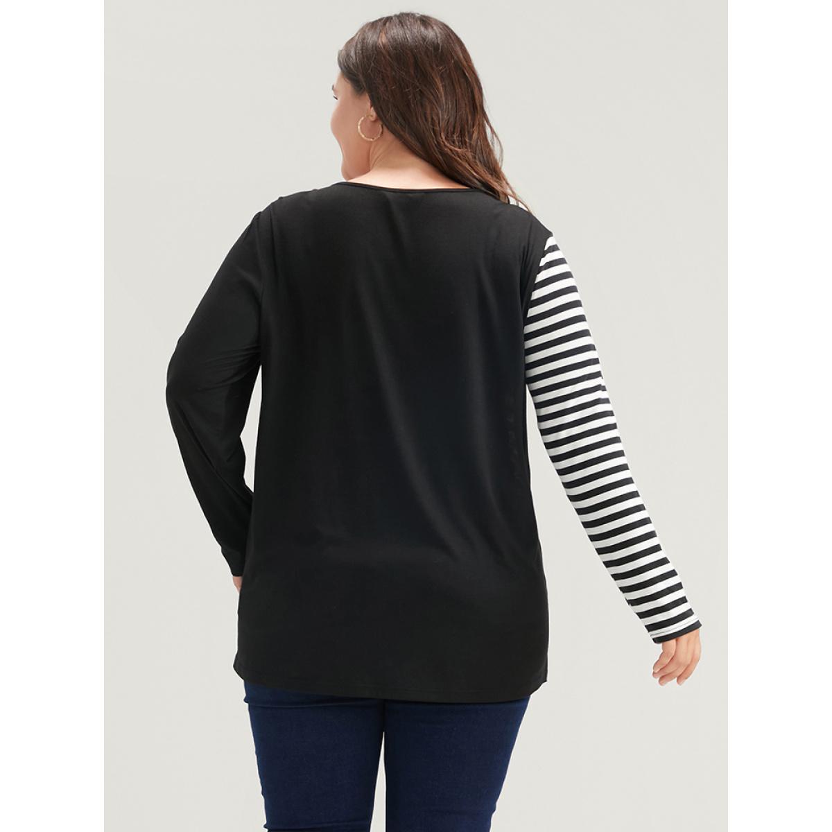 Plus Size Leopard Striped Contrast Round Neck Long Tee Black Women Casual Patchwork Leopard Round Neck Dailywear T-shirts BloomChic 12/L Product Image