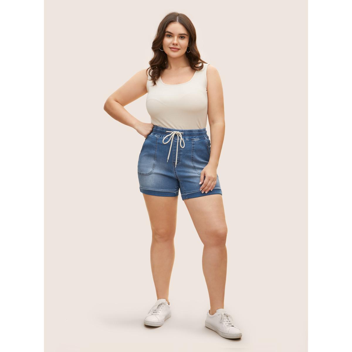 Plus Size Medium Wash Drawstring Roll Hem Denim Shorts Women Midblue Roll Hem High stretch Everyday Slanted pocket Casual Denim Shorts BloomChic 12/L Product Image