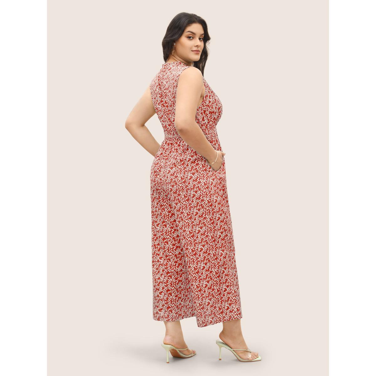 Plus Size Crimson Ditsy Floral Mock Neck Shirred Jumpsuit Women Timeless Sleeveless Mock Neck Elegant Loose Jumpsuits BloomChic 12/L Product Image