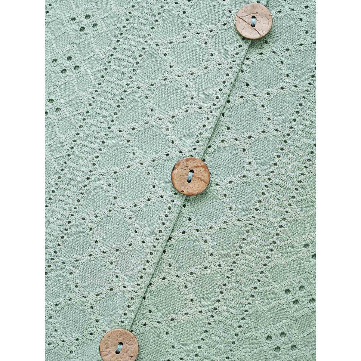 Plus Size Plain Broderie Anglaise Shirred Puff Sleeve Button Detail T-shirt Sage Women Casual Button Plain V-neck Everyday T-shirts BloomChic 26/4X Product Image