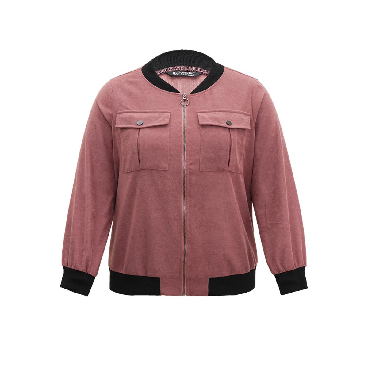 Plus Size Patchwork Contrast Pocket Zipper Button Detail Jacket Women DustyPink Elastic cuffs Pocket Dailywear Jackets BloomChic 26/4X Product Image