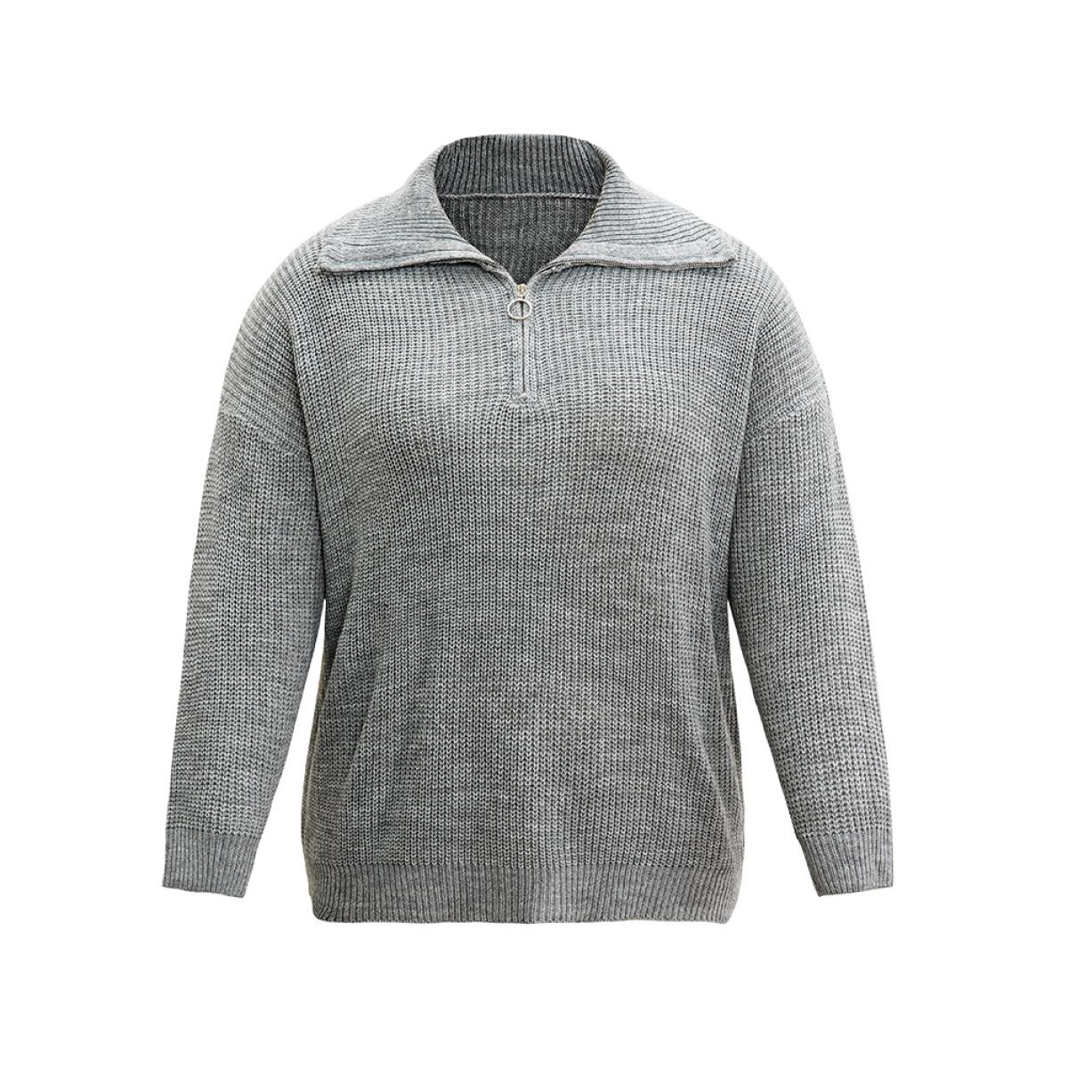 Plus Size Solid Knit O Ring Half Zip Pullover DarkGray Women Casual Loose Long Sleeve Polo Dailywear Pullovers BloomChic 26/4X Product Image