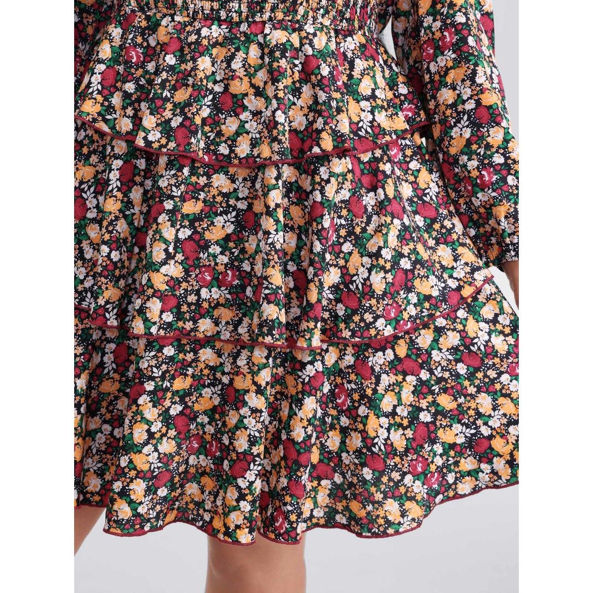 Plus Size Floral Shirred Layered Skirt Mini Dress Black Women Timeless Shirred Square Neck Long Sleeve Curvy BloomChic 22-24/3X Product Image