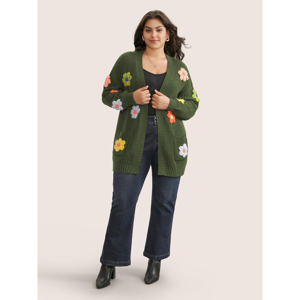 Plus Size Rainbow Floral Pocket Open Front Cardigan ArmyGreen Women Casual Long Sleeve Everyday Cardigans BloomChic 26/4X Product Image
