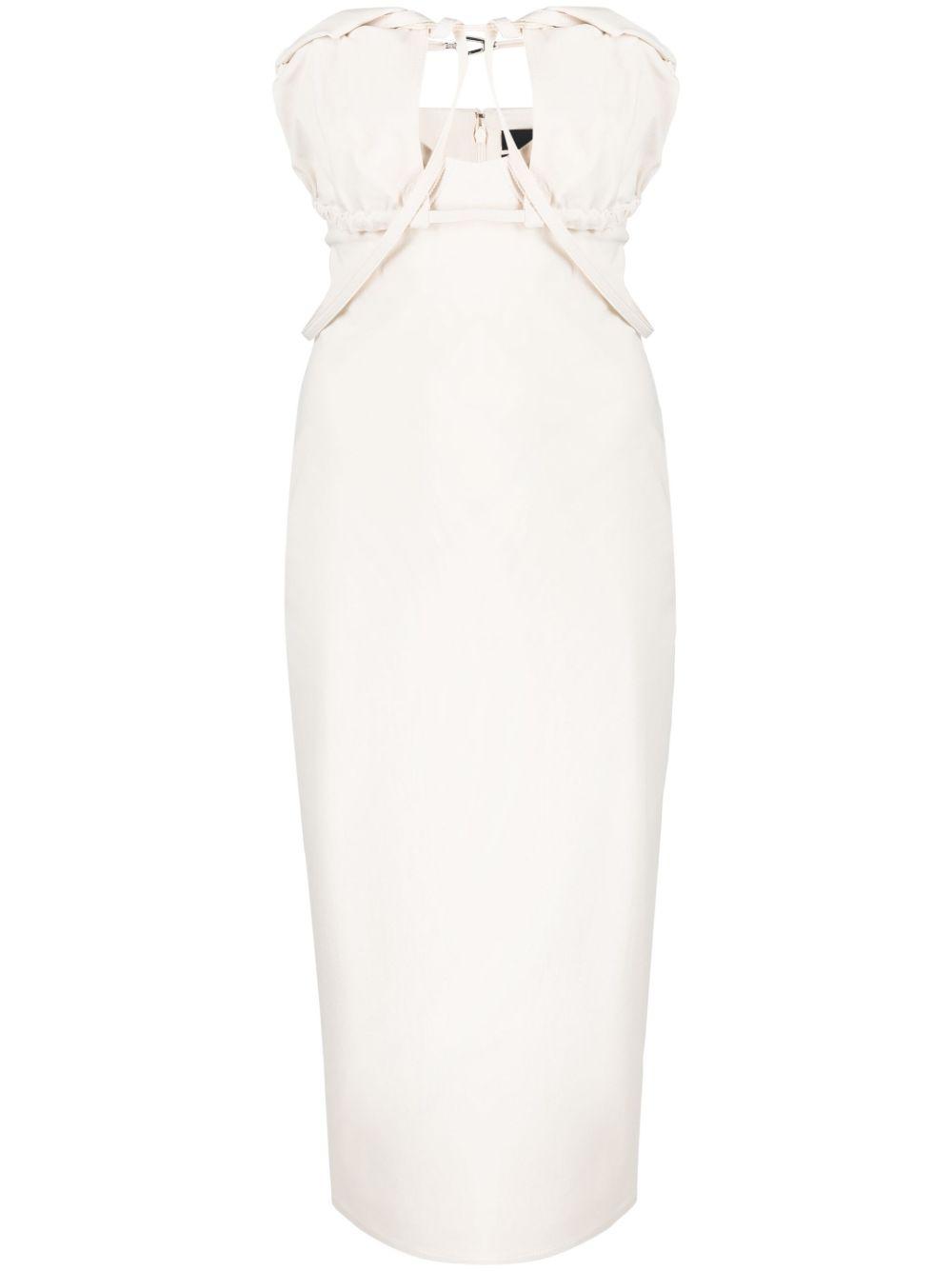 JACQUEMUS Strapless Ruffled Cutout Twill Midi Dress In White Product Image