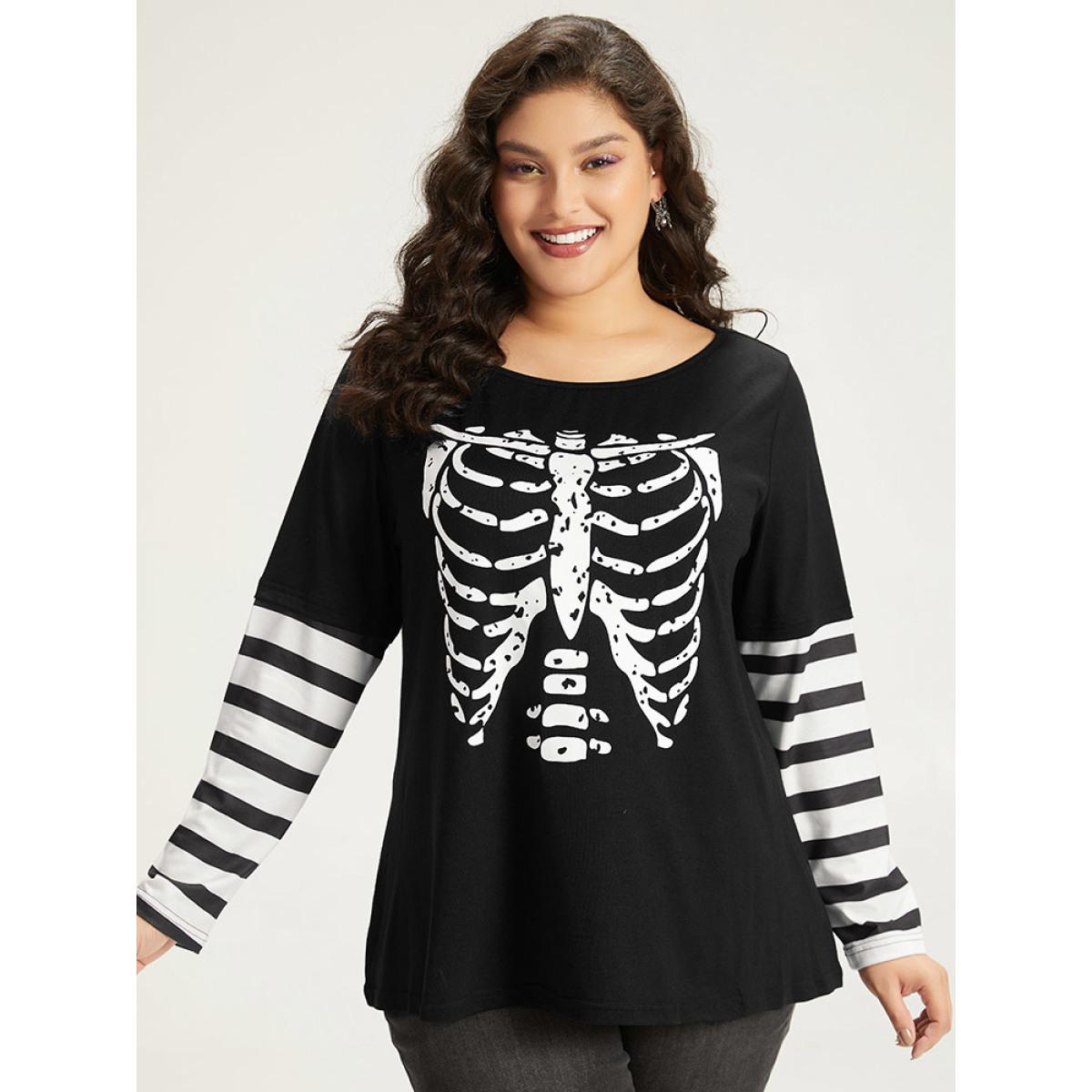 Plus Size Halloween Striped & Skull Print Patchwork T-shirt Black Women Casual Printed Halloween Festival-Halloween T-shirts BloomChic 28/5X Product Image