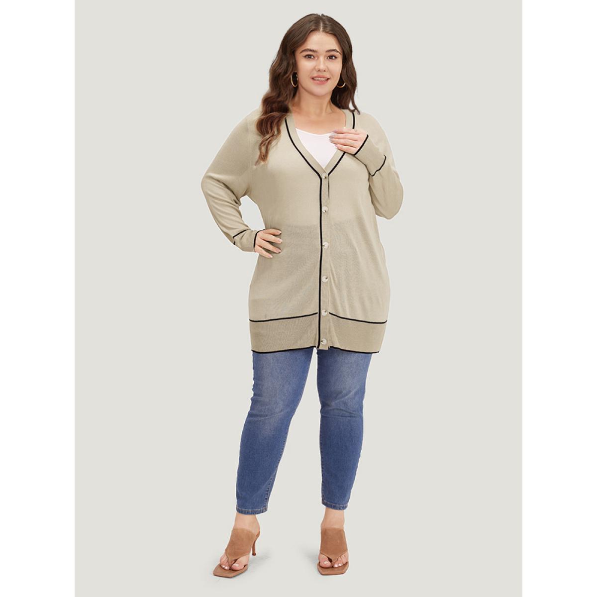 Plus Size Supersoft Essentials Contrast Trim Button Through Elastic Cuffs Cardigan Champagne Women Casual Loose Long Sleeve Dailywear Cardigans BloomChic 14-16/1X Product Image
