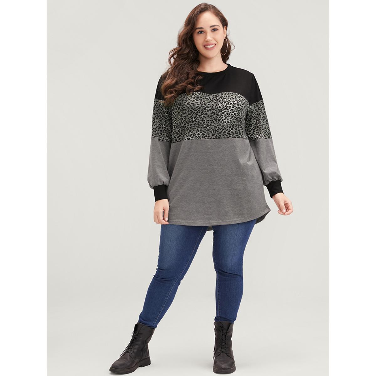 Plus Size Leopard Contrast Drop Shoulder Sweatshirt Women DimGray Casual Patchwork Round Neck Dailywear Sweatshirts BloomChic 10/M Product Image