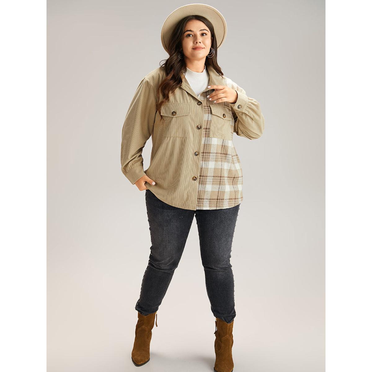 Plus Size Corduroy Plaid Patchwork Pocket Jacket Women Champagne Contrast Pocket Dailywear Jackets BloomChic 28/5X Product Image