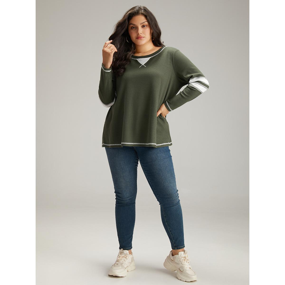 Plus Size Waffle Knit Striped Contrast Stitch T-shirt Green Women Casual Contrast Striped Round Neck Dailywear T-shirts BloomChic 26/4X Product Image
