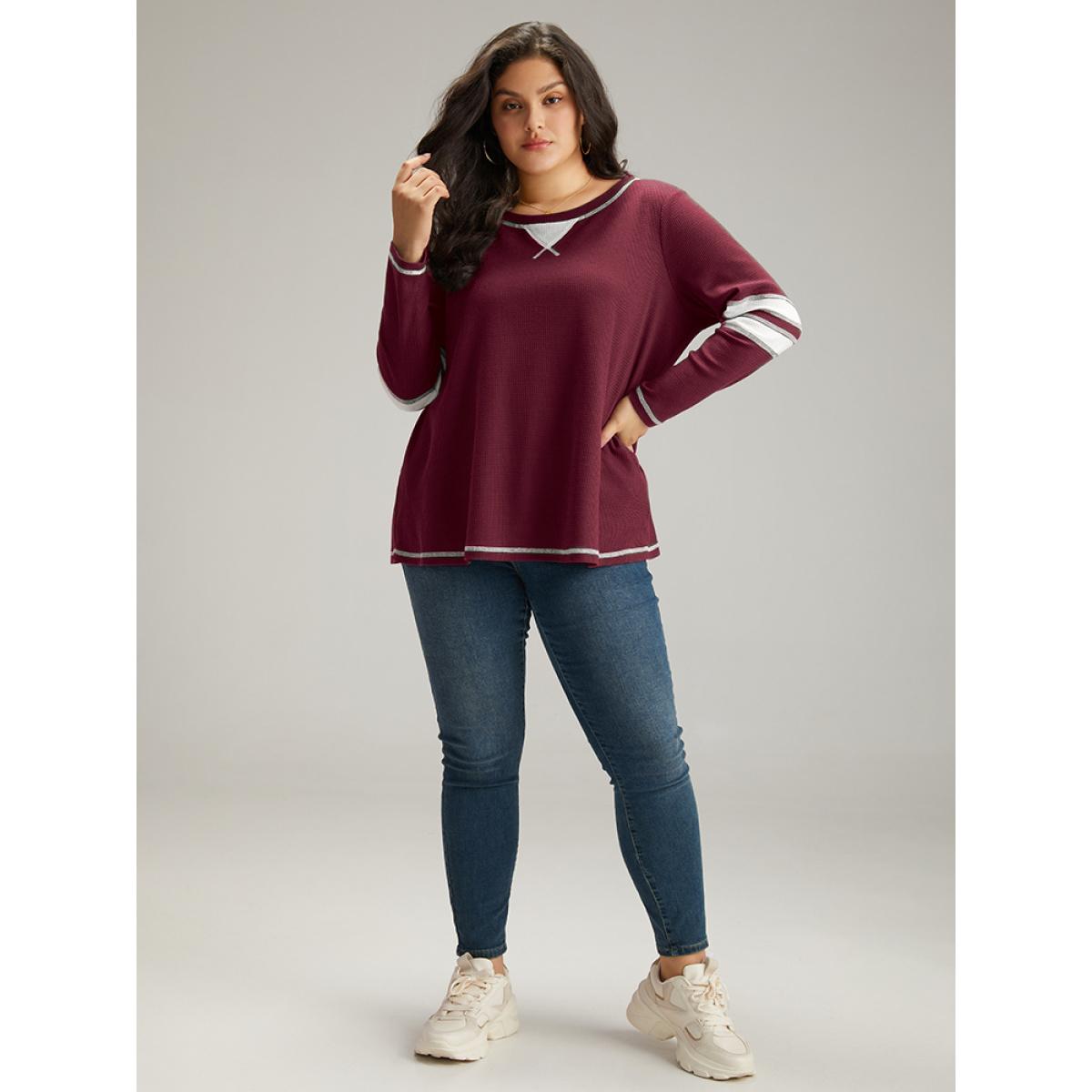 Plus Size Waffle Knit Striped Contrast Stitch T-shirt Burgundy Women Casual Contrast Striped Round Neck Dailywear T-shirts BloomChic 10/M Product Image