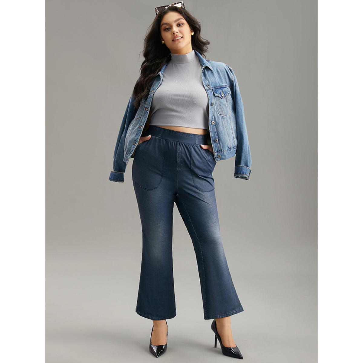 Plus Size Denim Effect Print Elastic Waist Flare Leg Leggings Women Stone Casual High stretch Flare Leg High Rise Everyday Leggings BloomChic 22-24/3X Product Image