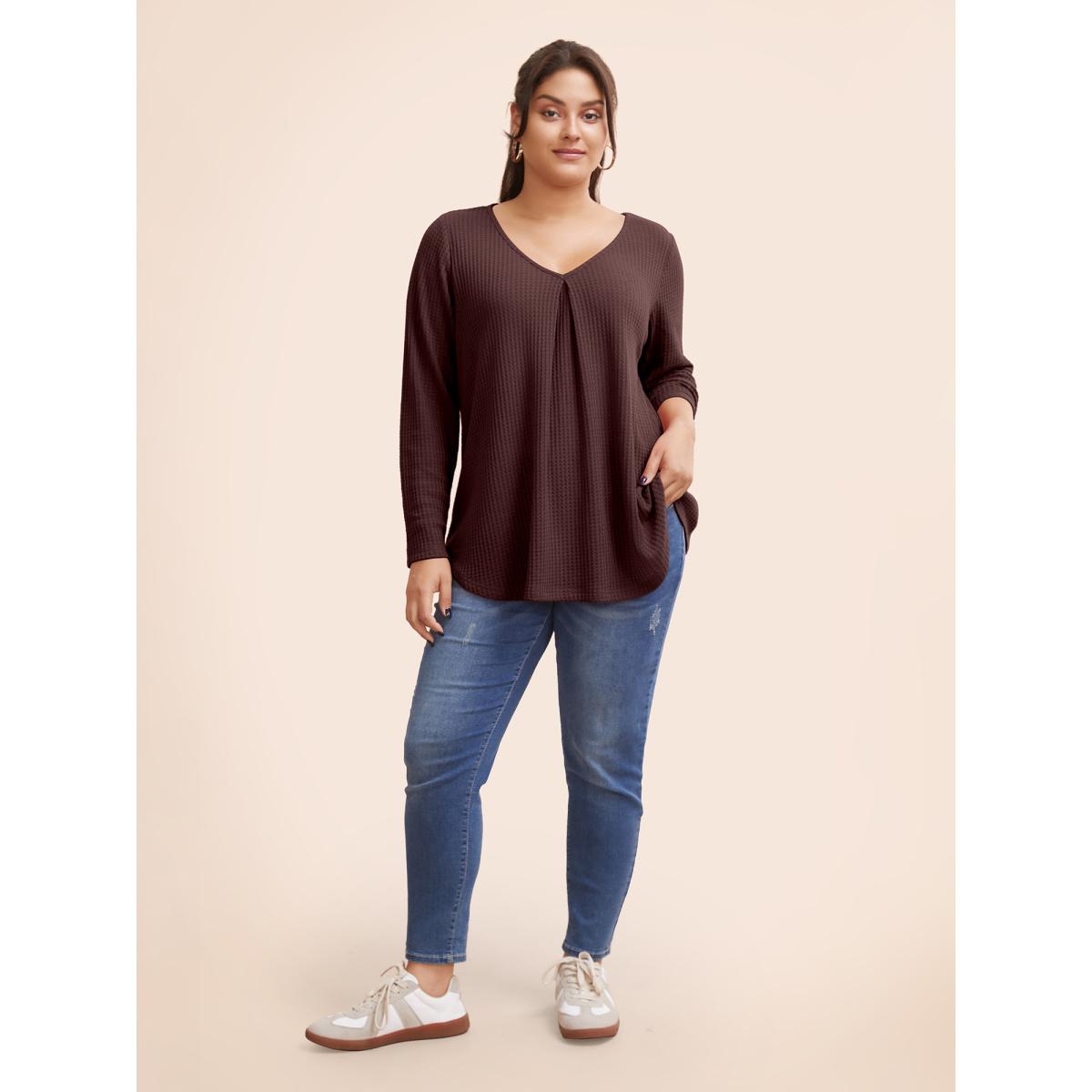 Plus Size Plain Waffle Knit Scoop Neck Plicated Detail T-shirt DarkGreen Women Leisure Non Plain V-neck Casual T-shirts BloomChic 18-20/2X Product Image