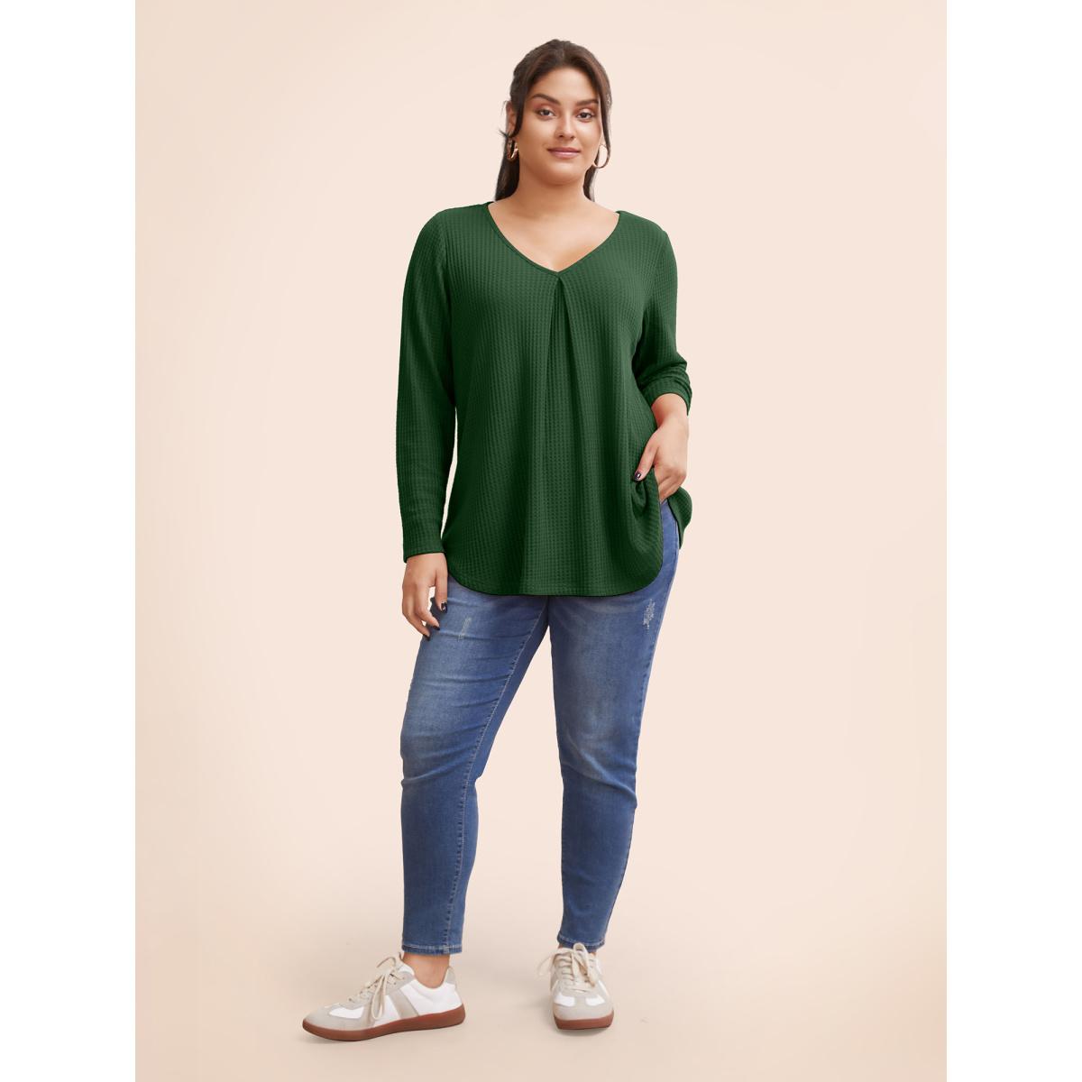Plus Size Plain Waffle Knit Scoop Neck Plicated Detail T-shirt DarkGreen Women Leisure Non Plain V-neck Casual T-shirts BloomChic 18-20/2X Product Image