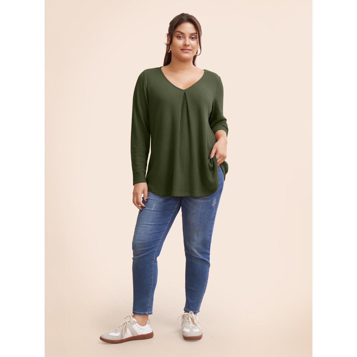Plus Size Plain Waffle Knit Scoop Neck Plicated Detail T-shirt DarkGreen Women Leisure Non Plain V-neck Casual T-shirts BloomChic 18-20/2X Product Image