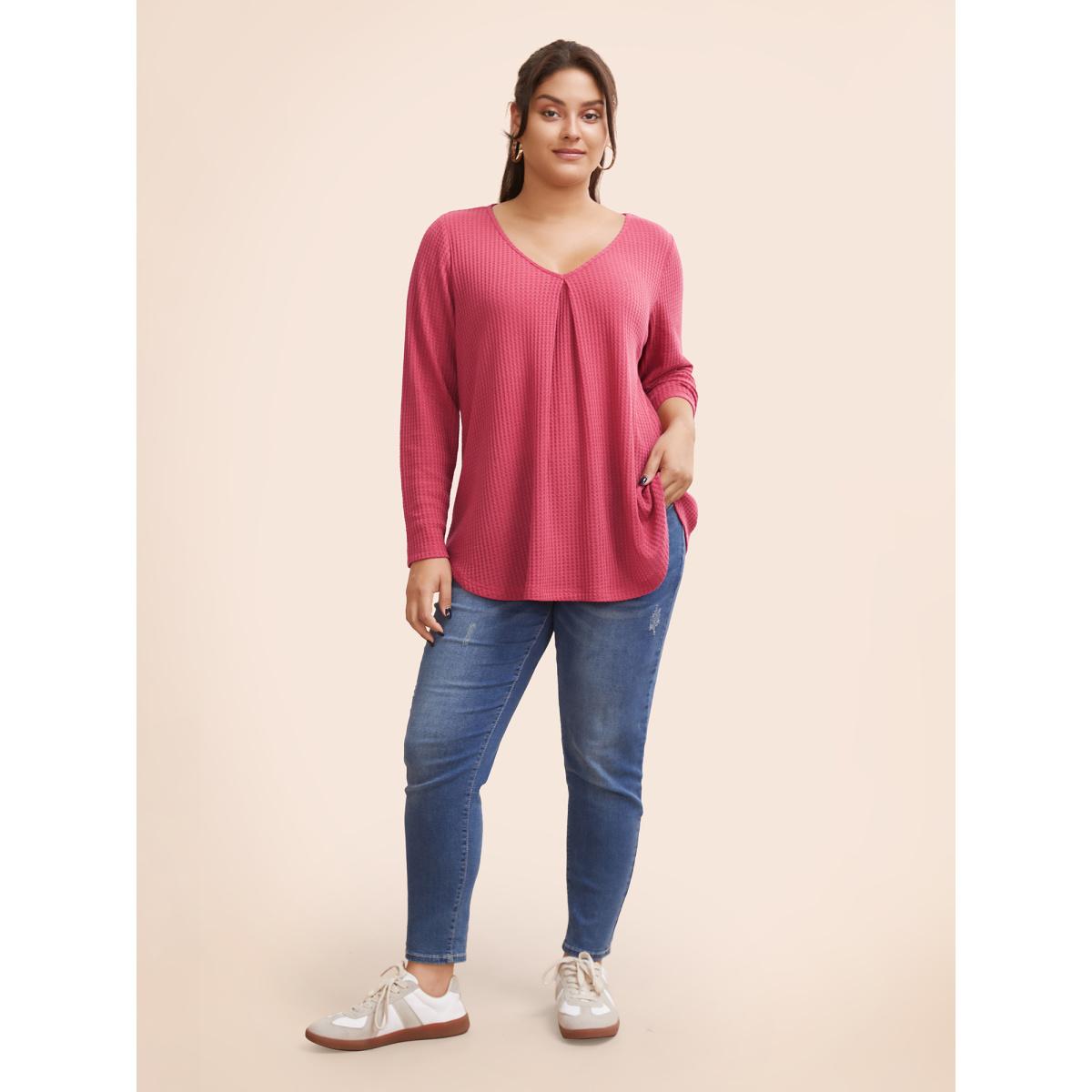 Plus Size Plain Waffle Knit Scoop Neck Plicated Detail T-shirt Salmon Women Leisure Non Plain V-neck Casual T-shirts BloomChic 28/5X Product Image