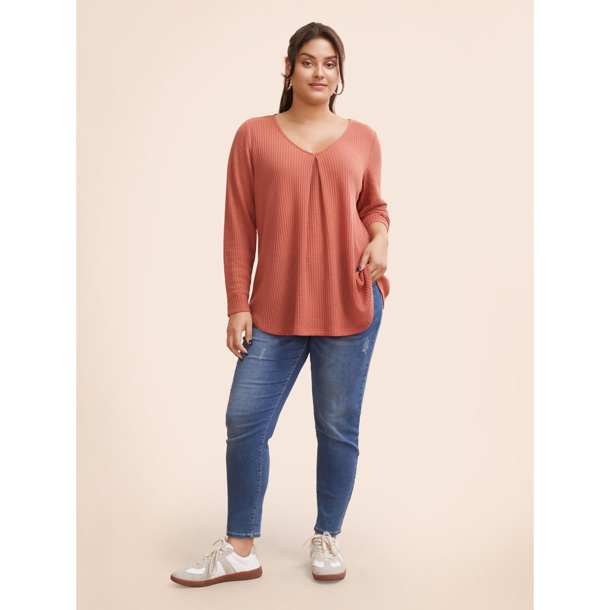 Plus Size Plain Waffle Knit Scoop Neck Plicated Detail T-shirt Salmon Women Leisure Non Plain V-neck Casual T-shirts BloomChic 28/5X Product Image