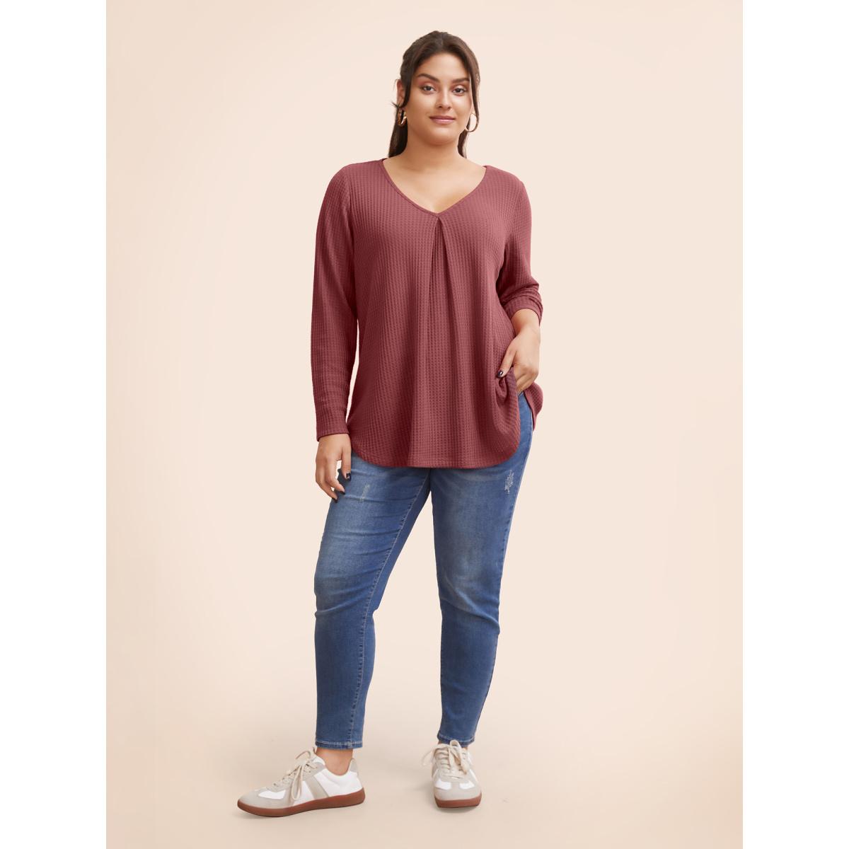 Plus Size Plain Waffle Knit Scoop Neck Plicated Detail T-shirt Gray Women Leisure Non Plain V-neck Casual T-shirts BloomChic 14-16/1X Product Image