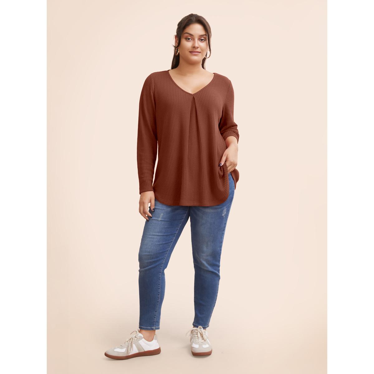 Plus Size Plain Waffle Knit Scoop Neck Plicated Detail T-shirt DarkGreen Women Leisure Non Plain V-neck Casual T-shirts BloomChic 18-20/2X Product Image