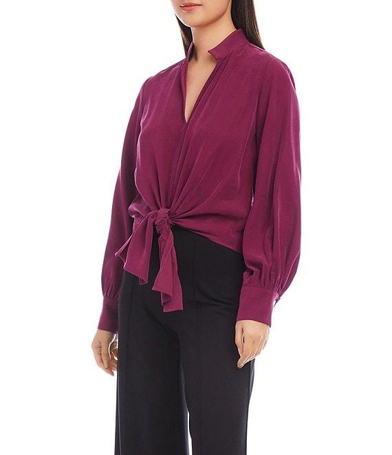 Karen Kane Woven Tie Collared Long Sleeve Top Product Image