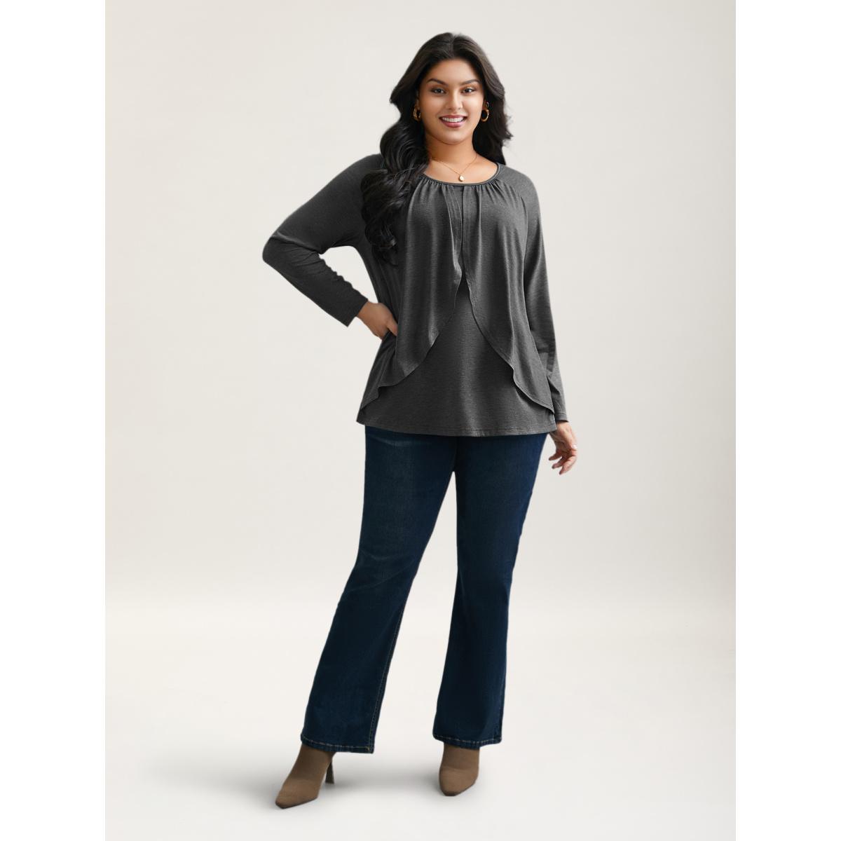 Plus Size 2-In-1 Gathered Ruffle Trim T-Shirt DarkGray Women Timeless Gathered Round Neck Elegant T-shirts BloomChic 14-16/1X Product Image