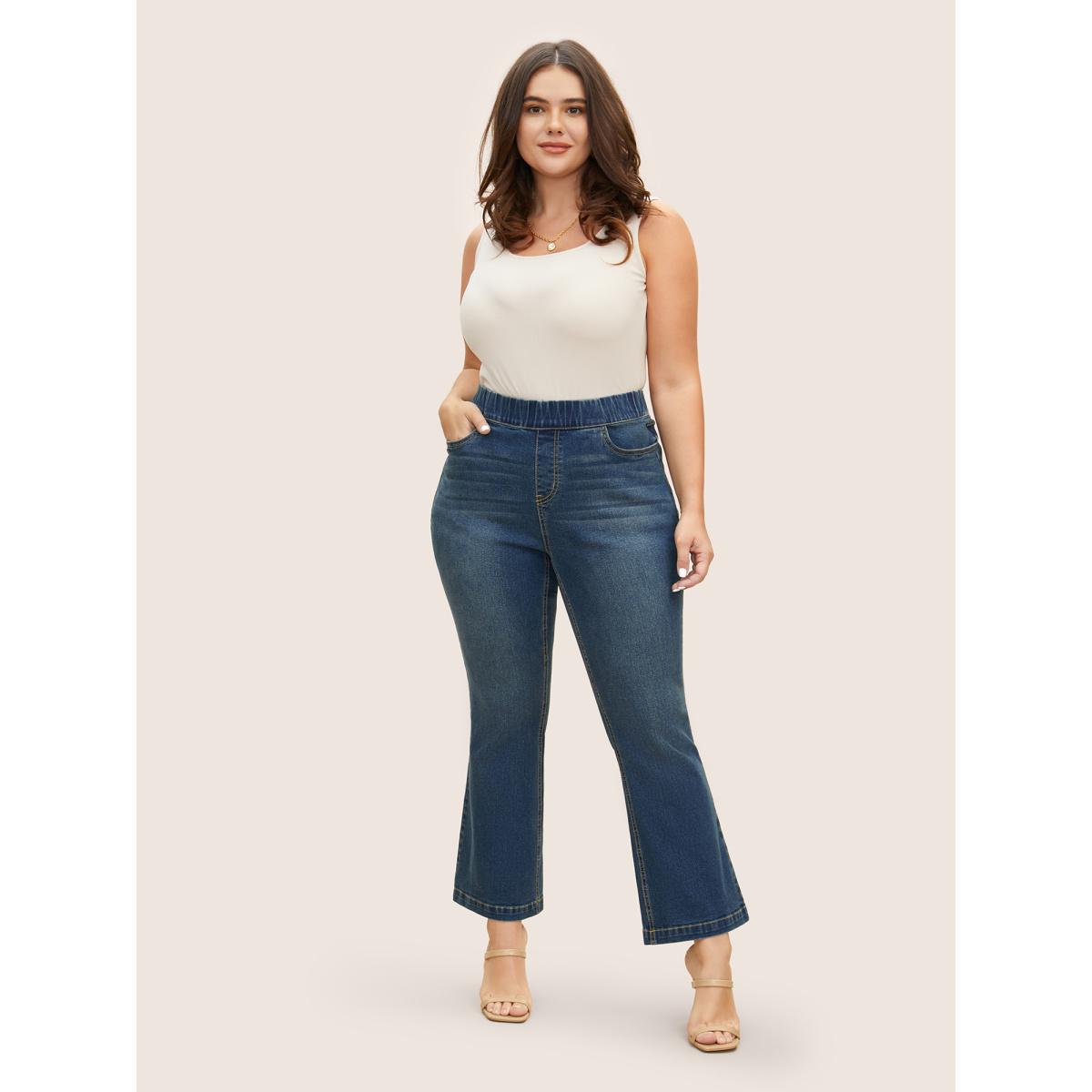 Plus Size Dark Wash Mid Rise Bootcut Jeans Women Denimblue Casual Non High stretch Double-flap pocket Jeans BloomChic 12/L Product Image