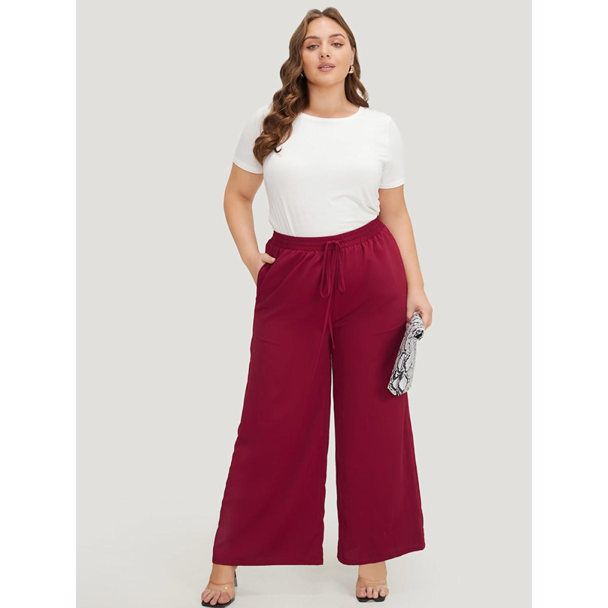 Plus Size Solid Pocket Drawstring Wide Leg Pants Women Burgundy Office Wide Leg High Rise Office Pants BloomChic 14-16/1X Product Image