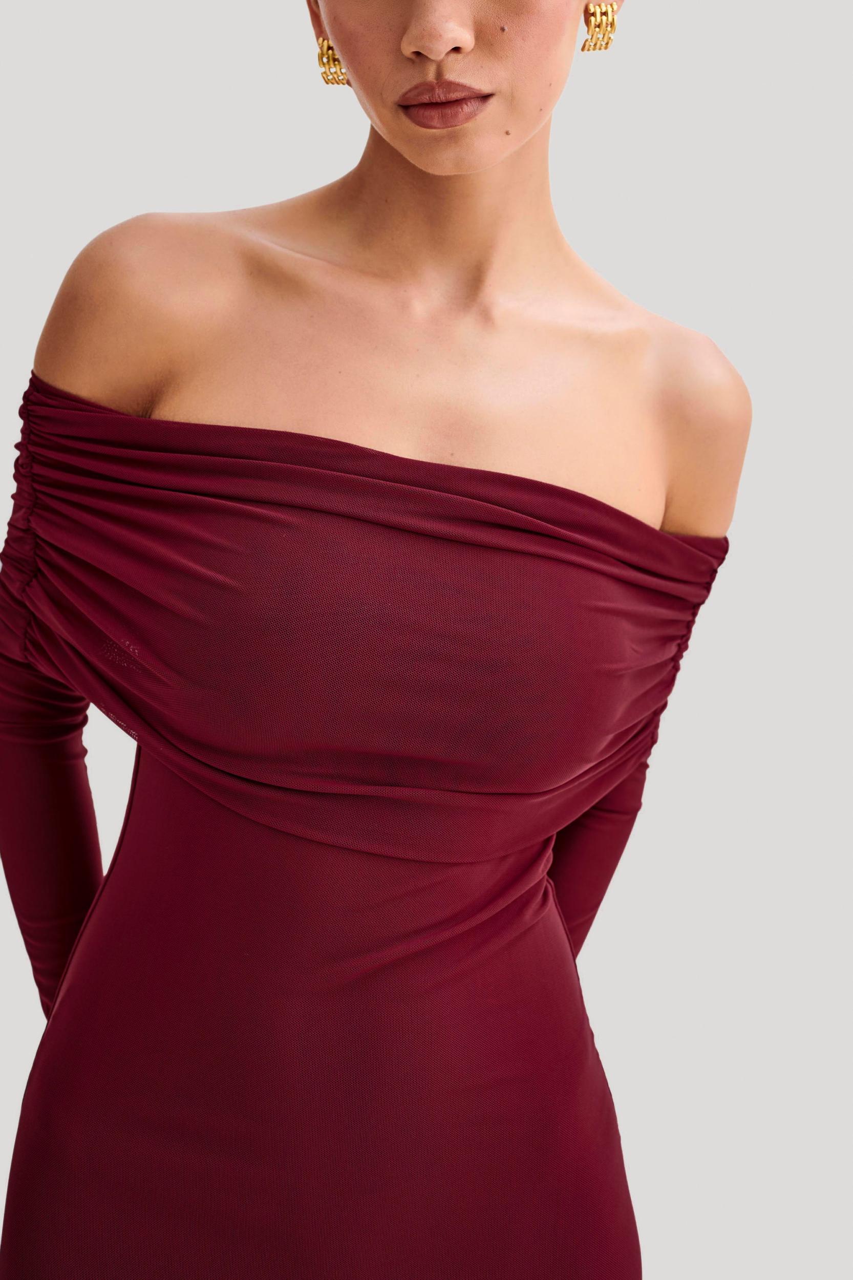 Josie Off Shoulder Mesh Maxi Dress - Wine Product Image