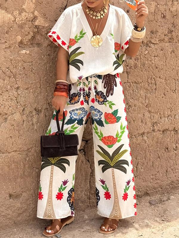 High Waisted Loose Drawstring Elasticity Printed Split-Joint Pants Trousers Product Image