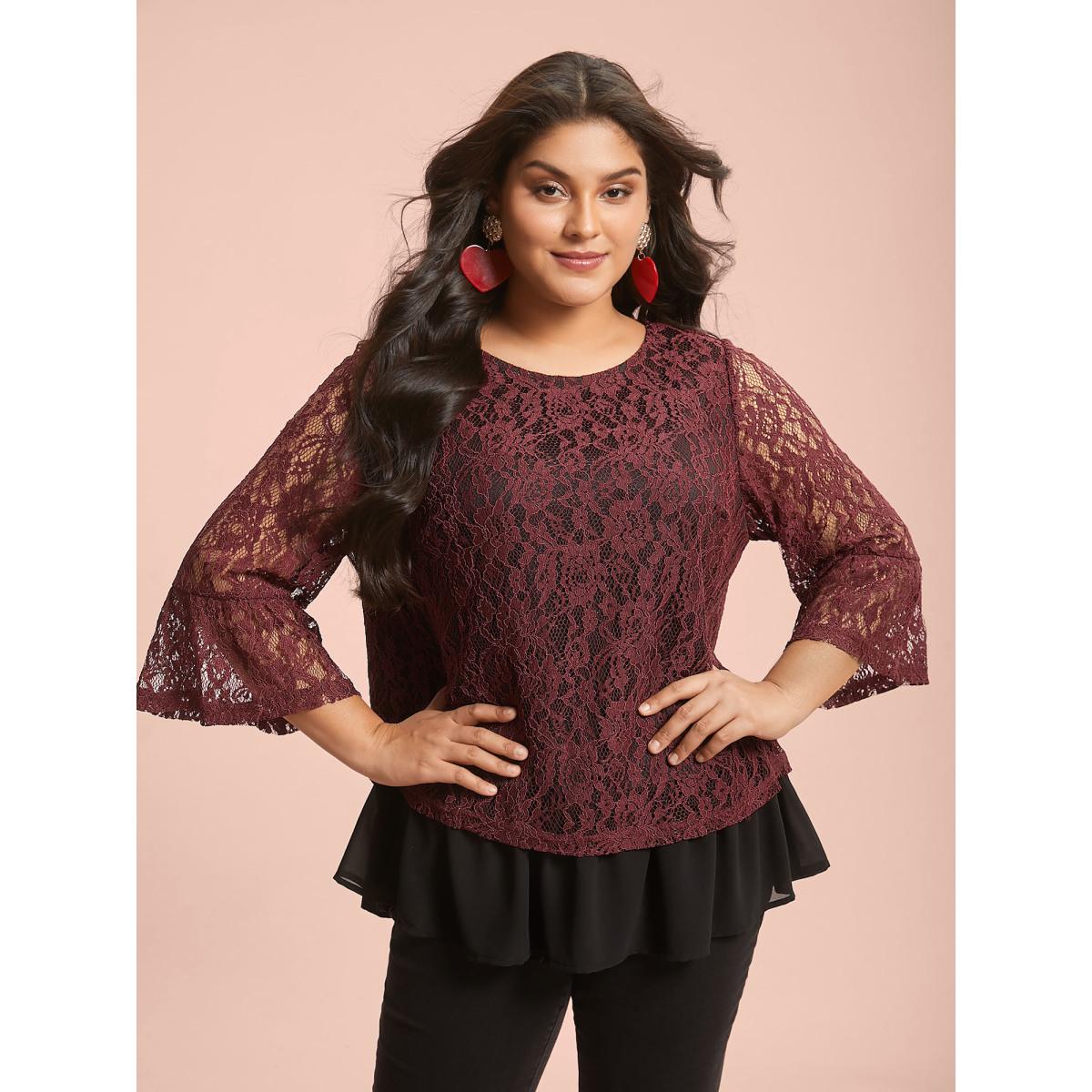 Plus Size Burgundy Round Neck Contrast Lace Ruffled Sleeve Blouse Women Elegant Elbow-length sleeve Round Neck Everyday Blouses BloomChic 12/L Product Image