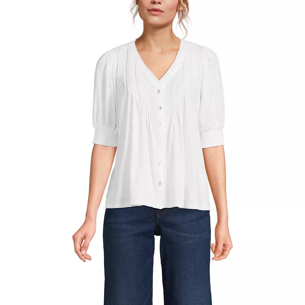 Women's Lands' End Button Pintuck Puff Sleeve Top,  Product Image