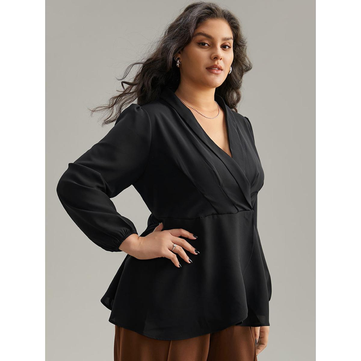 Plus Size Black Static-Free Plain Pleated Wrap Blouse Women Office Long Sleeve V-neck Dailywear Blouses BloomChic 28/5X Product Image