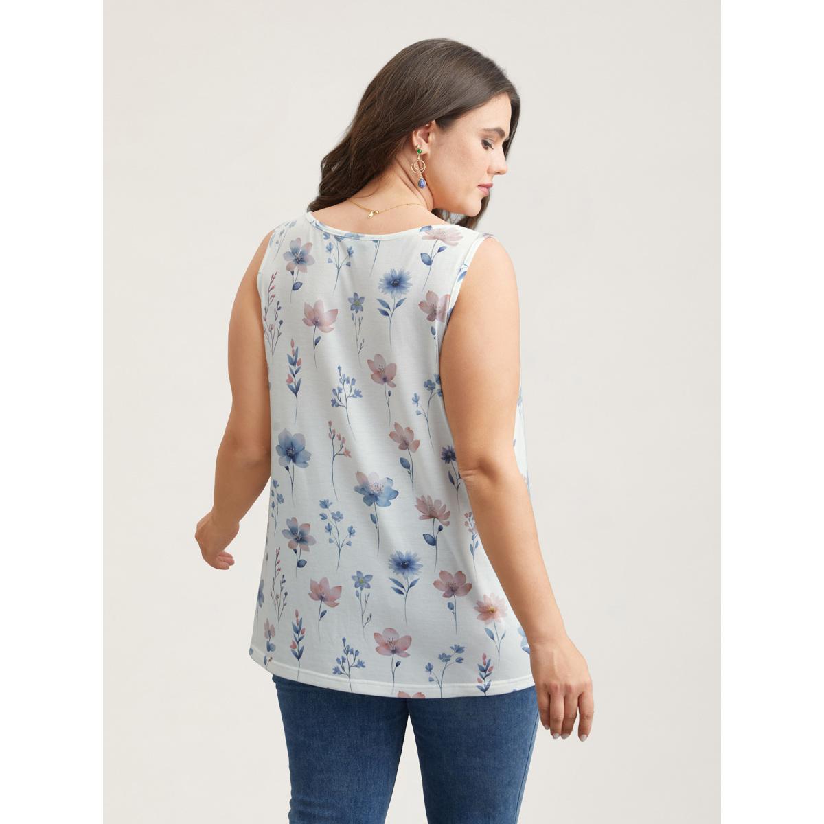 Plus Size Stretchy Floral Print Fitted Vest Women WhiteSmoke Leisure Non Round Neck Casual Tank Tops Camis BloomChic 30/6X Product Image