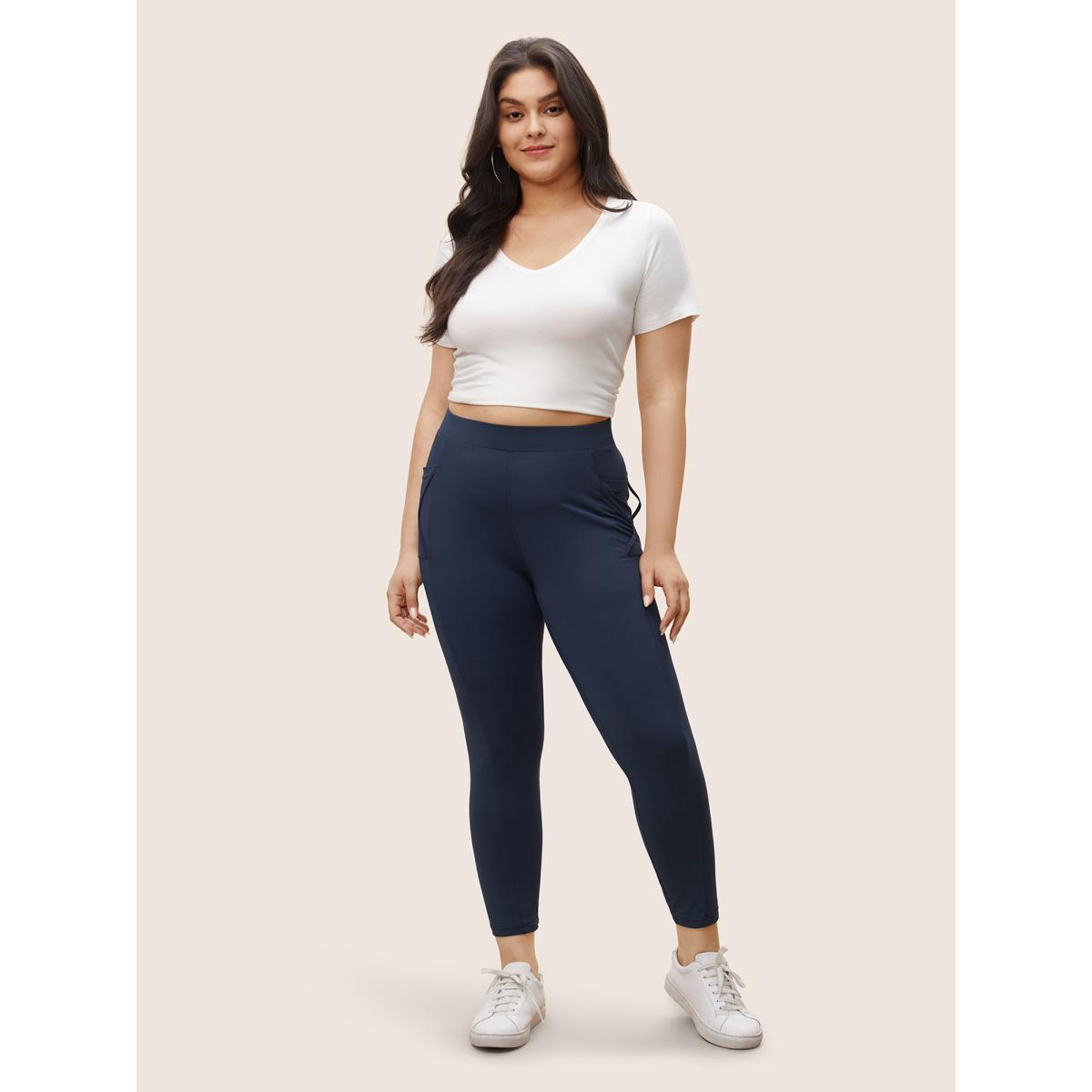 Plus Size Plain Elastic Waist Crisscross Pocket Leggings Women Midnight Casual High stretch Skinny High Rise Everyday Leggings BloomChic 12/L Product Image