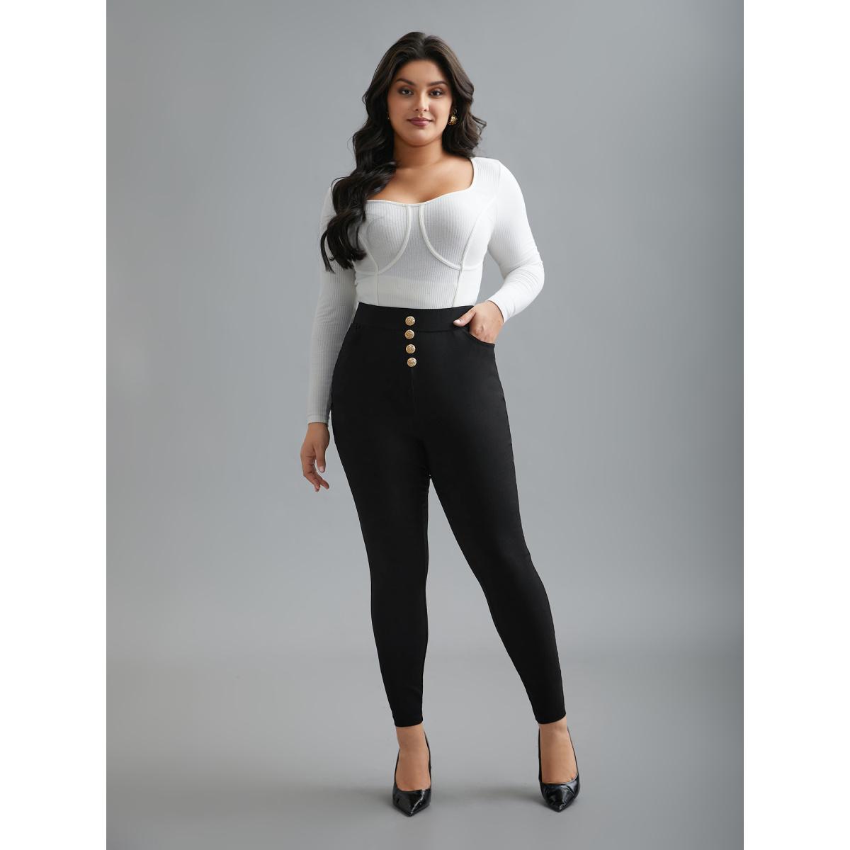 Plus Size Plain Button Detail Skinny Fit Pants Women Black Elegant Skinny Mid Rise Everyday Pants BloomChic 22-24/3X Product Image