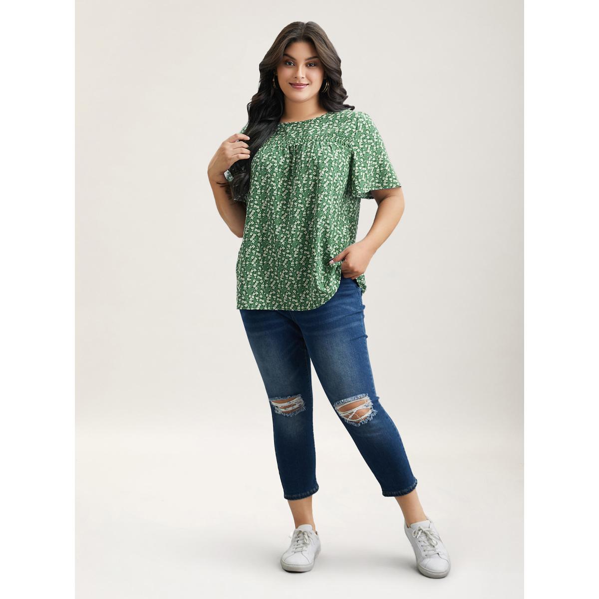 Plus Size Aegean Floral Ruffle Sleeve Gathered Round Neck Blouse Women Leisure Short sleeve Round Neck Casual Blouses BloomChic 10/M Product Image