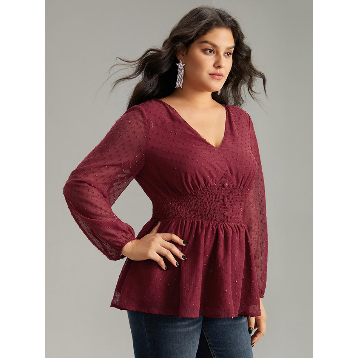 Plus Size Burgundy Plain Textured Shirred Lantern Sleeve Blouse Women Glamour Long Sleeve V-neck Office Blouses BloomChic 26/4X Product Image