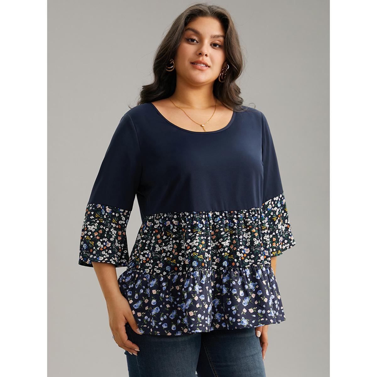 Plus Size Indigo Ditsy Floral Patchwork Tiered Flutter Sleeve Blouse Women Casual Elbow-length sleeve Scoop Neck Everyday Blouses BloomChic 30/6X Product Image
