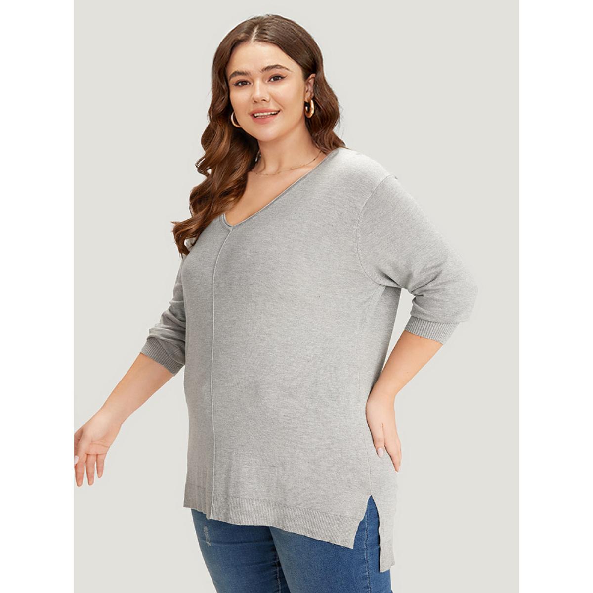 Plus Size Supersoft Essentials Plain Patchwork Split Side Pullover LightGray Women Casual Loose Long Sleeve V-neck Everyday Pullovers BloomChic 18-20/2X Product Image