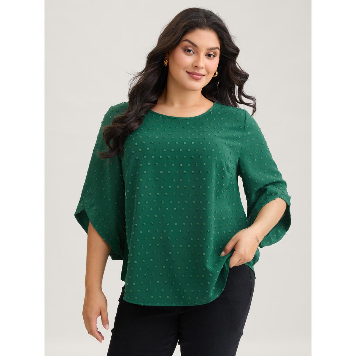 Plus Size Black Textured Round Neck Bell Sleeve Blouse Women Timeless Elbow-length sleeve Round Neck Elegant Blouses BloomChic 12/L Product Image