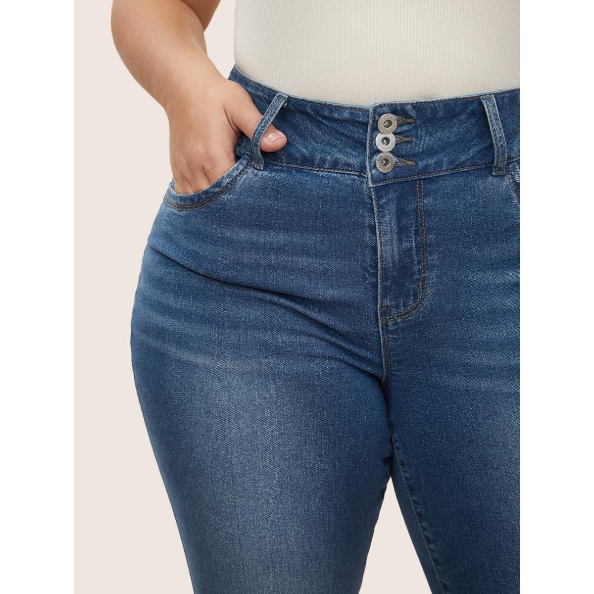 Plus Size Medium Wash Slim Cropped Jeans Women Blue Casual Button High stretch Slanted pocket Jeans BloomChic 18/2X Product Image