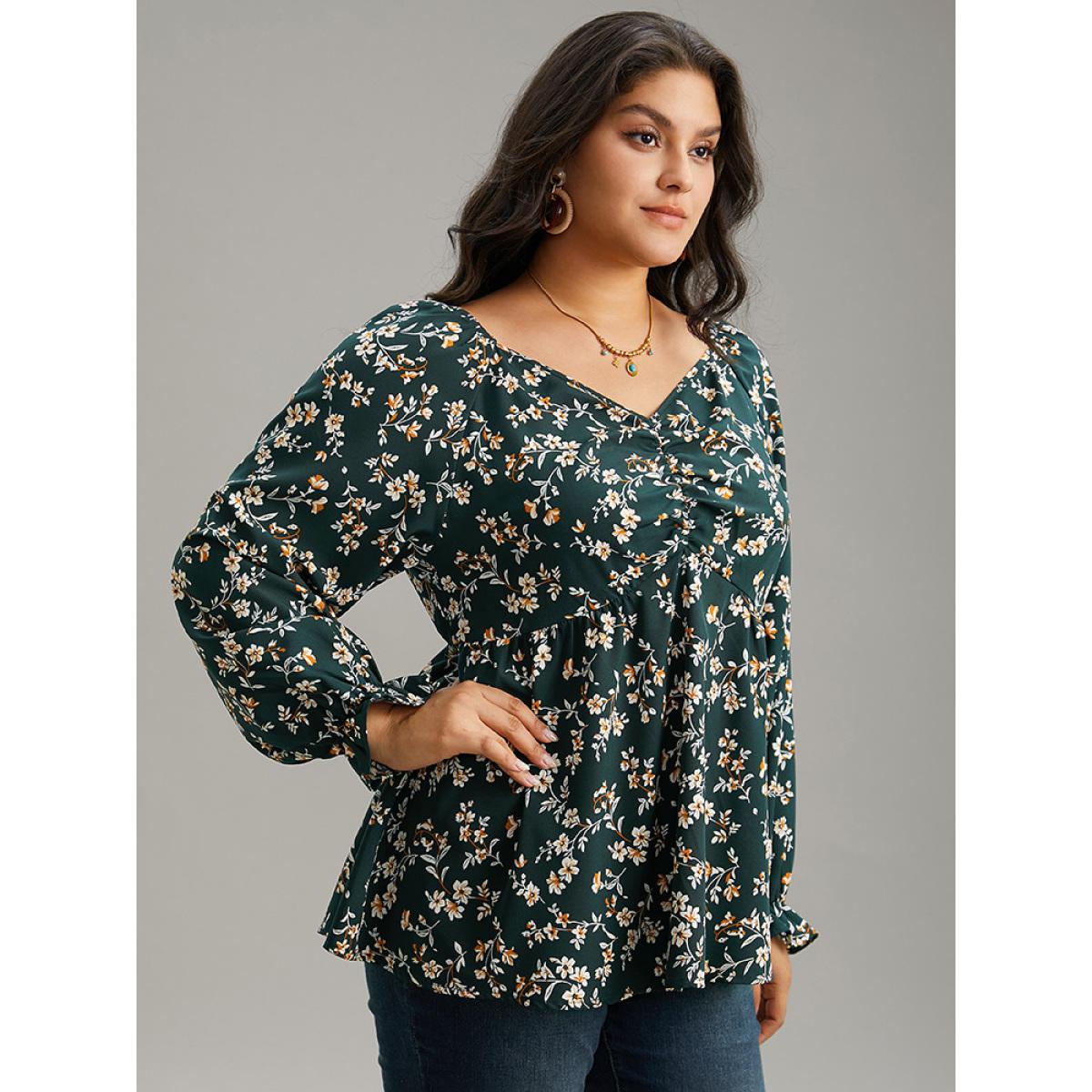 Plus Size DarkGreen Floral Print Ruched Lantern Sleeve Blouse Women Elegant Long Sleeve V-neck Dailywear Blouses BloomChic 30/6X Product Image