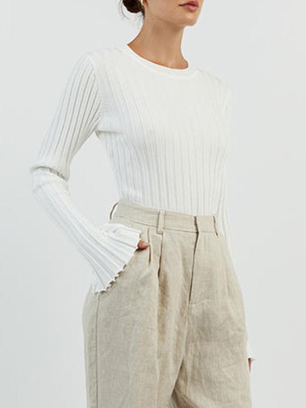 Solid Ribbed Crew Neck Long Sleeve Knit Product Image