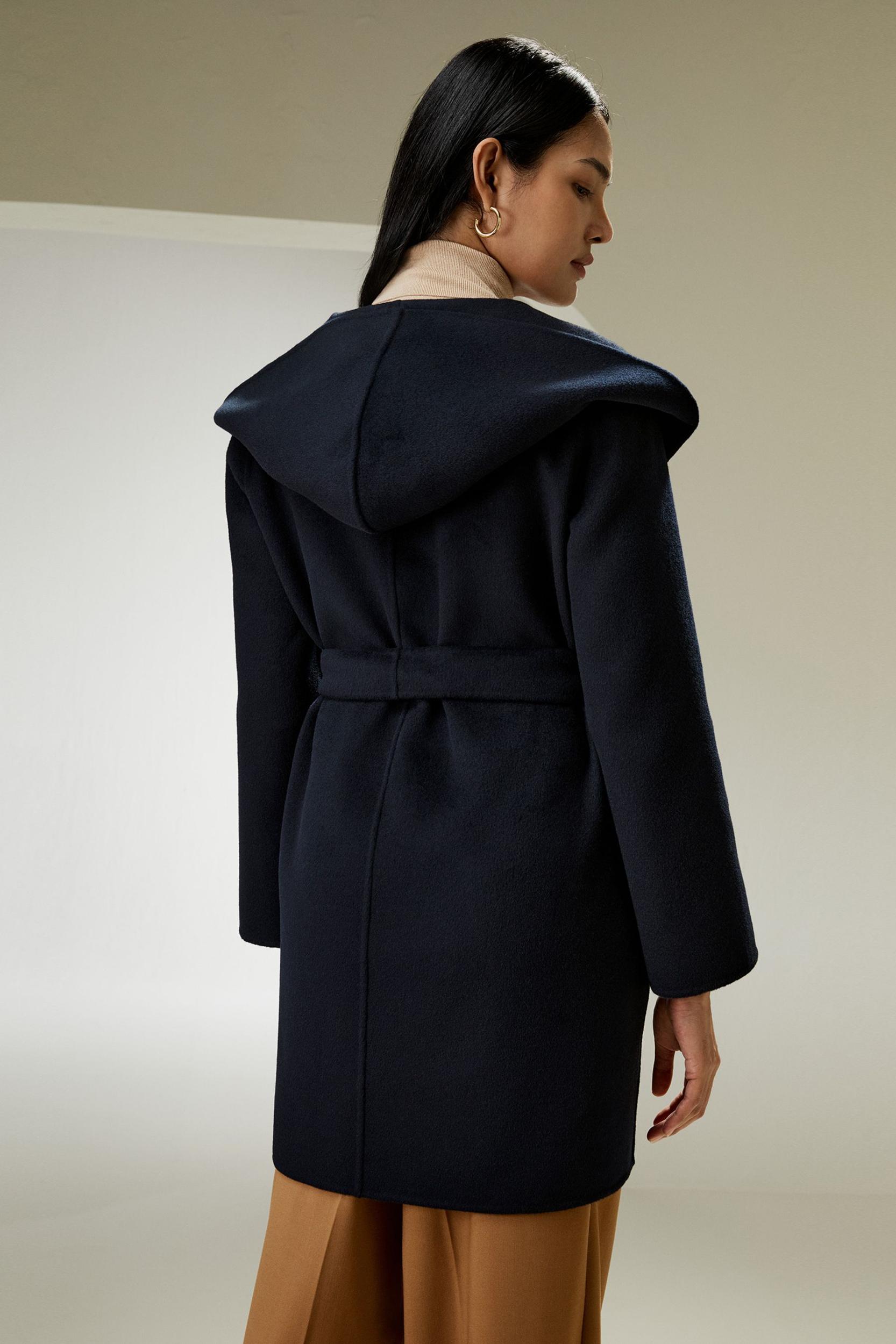 LILYSILK Womens Coats Navy Blue Cashmere Wool Comfortable Hooded Coat M Product Image