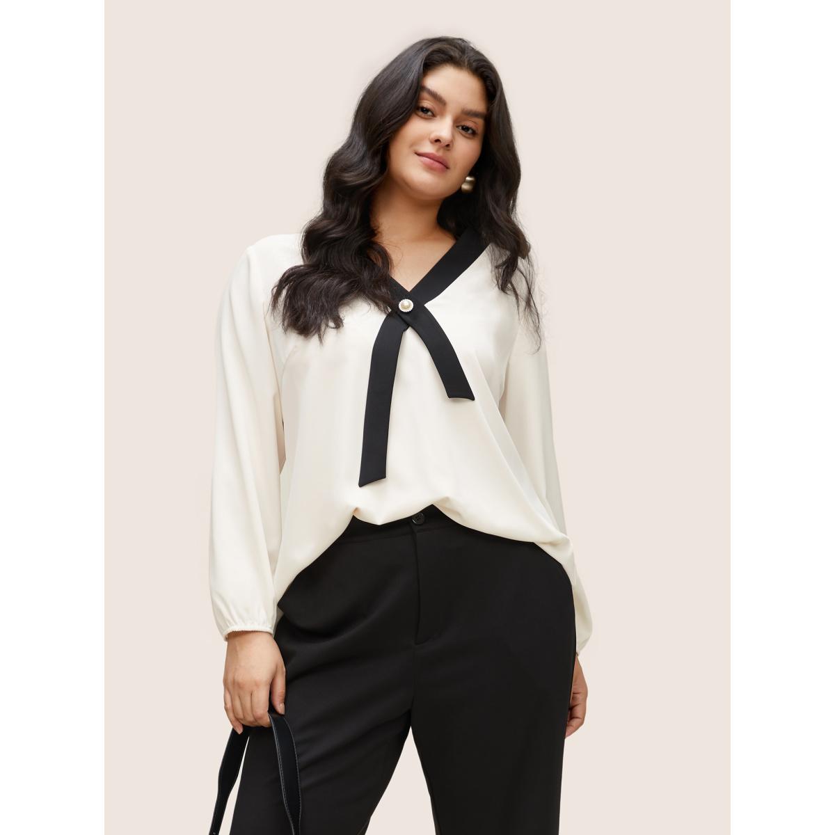 Plus Size Ivory Contrast Pearl Decor Tie Decoration Blouse Women At the Office Long Sleeve V-neck Work Blouses BloomChic 18-20/2X Product Image